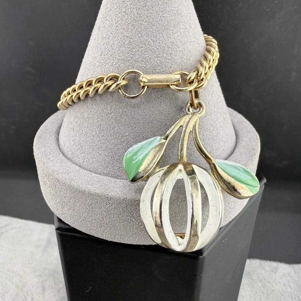 Vintage Estate Charm Bracelet Gold Tone Enamel Fruit Cage Curb Chain 7.5